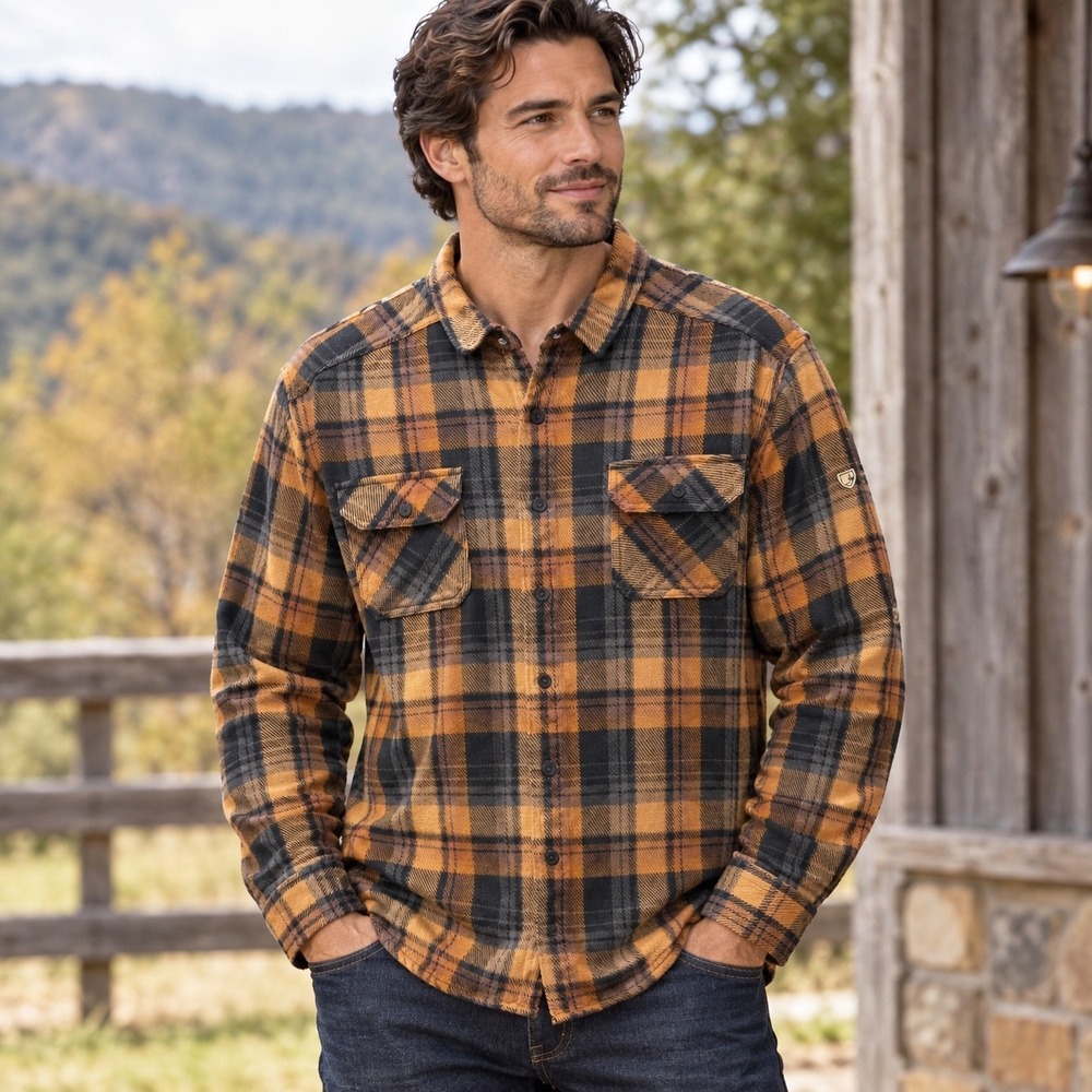 KUHL Disorder Heavyweight Flannel Mens XL Orange Brown Excellent Plaid Shirt